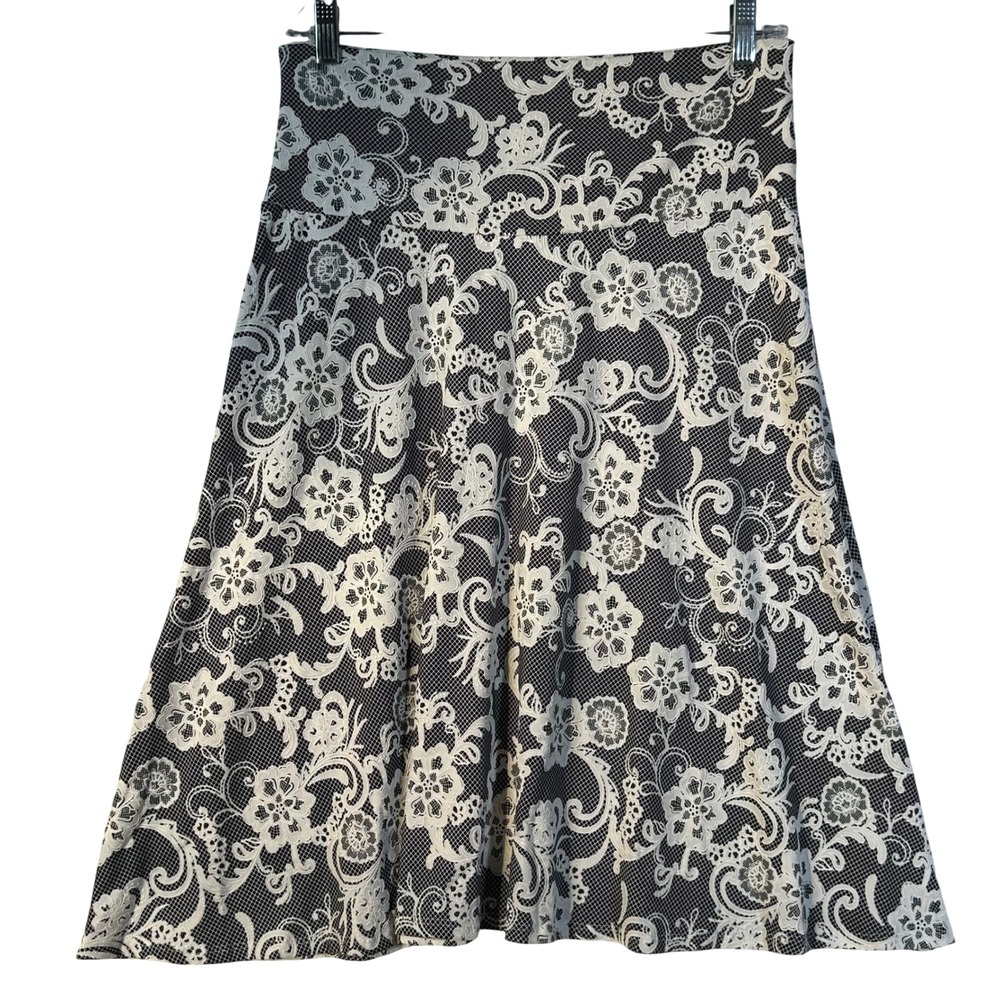 ASHLEY BLUE Womens A Line Midi Skirt Black White Floral Lace Overlay Size L
